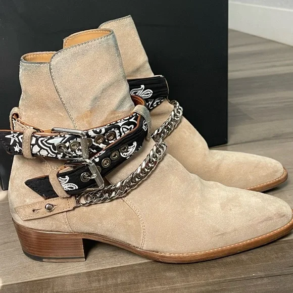 AMIRI Beige Ankle Boots with Chain and Bandana